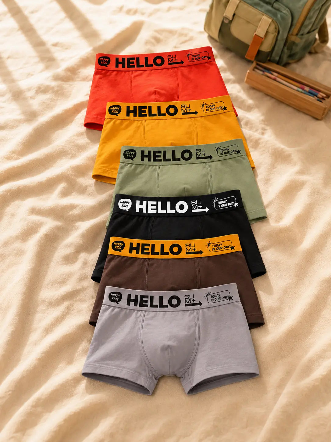 Hello Slim Kids Underwear | 6'lı Premium Özel Renk Çocuk Boxer Seti
