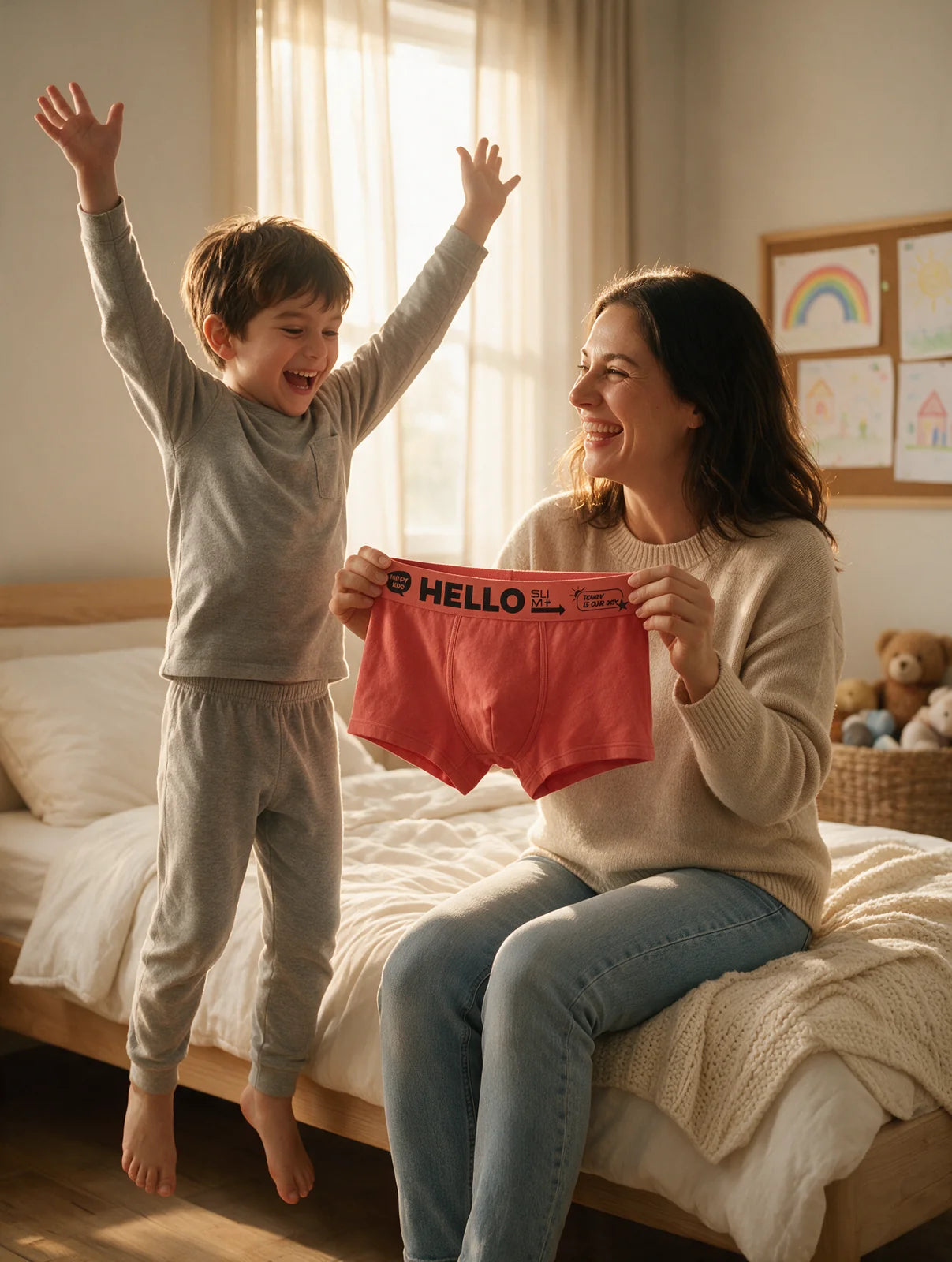 Hello Slim Kids — anne 6'lı çocuk boxer setini gösteriyor, oğlu sevinçle zıplıyor